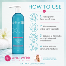 Load image into Gallery viewer, Ann Webb Cleansing Milk face cleanser bottle in teal blue with a white pump, shown on a light blue/white promotional graphic with a flower prop and step-by-step usage instructions.
