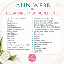 Load image into Gallery viewer, A product information graphic for Ann Webb Cleansing Milk Ingredients, featuring a list of various botanical and cosmetic extracts on a white background with a cucumber slice illustration at the bottom left.
