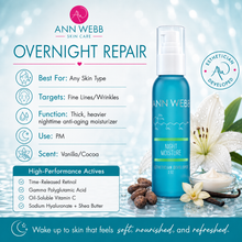 Load image into Gallery viewer, Ann Webb Overnight Repair Night Moisture skincare bottle in a bright blue pump bottle, displayed on a light blue background with white lilies, cocoa beans, and a candle. The image includes product details, benefits, and active ingredients.
