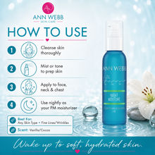 Load image into Gallery viewer, Ann Webb Skin Care 'Night Moisture' 2 oz bottle shown on a light blue, water-themed background with a 'How to Use' guide on the left side.
