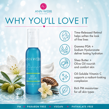 Load image into Gallery viewer, Ann Webb Skin Care Night Moisture bottle shown on a light blue promotional graphic with text callouts and botanical props including white flowers, olives, and a nut.
