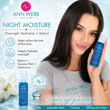 Load image into Gallery viewer, A promotional beauty ad for Ann Webb Skin Care Night Moisture, showing a woman holding a blue bottle next to another bottle on a light blue background with text callouts and product benefits.
