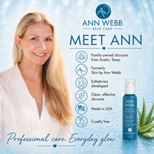 Load image into Gallery viewer, A promotional skincare graphic for Ann Webb Skin Care featuring a smiling blonde woman on the left and a blue bottle of Probiotic Oxygen Youth serum on the right, with text highlighting brand features and benefits against a light blue water-like background.
