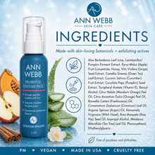 Load image into Gallery viewer, Ann Webb Skin Care Probiotic Enzyme Pefl bottle on a light blue textured background with ingredient callouts and text. The bottle is dark blue with a white pump, and the image includes cinnamon sticks, a white flower, and ingredient lists.
