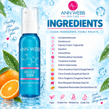 Load image into Gallery viewer, Ann Webb Skin Care Red-Less Serum in a 2 oz blue bottle with a white pump, shown on a bright blue and white graphic background with ingredient details, water droplets, and orange slices.
