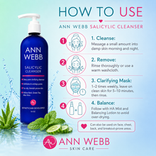 Load image into Gallery viewer, An instructional graphic for Ann Webb Salicylic Cleanser showing a blue pump bottle on a light blue background with step-by-step usage instructions and icons.
