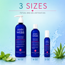 Load image into Gallery viewer, Three sizes of Ann Webb Salicylic Cleanser bottles displayed against a light blue gradient background with water splash graphics and green leaves. The image highlights three sizes: 16 oz, 6 oz, and 2 oz.
