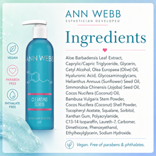 Load image into Gallery viewer, A bottle of Ann Webb Cleansing Scrub on a light blue graphic background with ingredient text and feature icons. The bottle is bright blue with a white pump and pink label accents.
