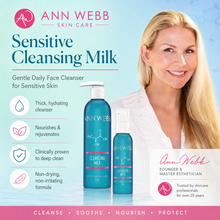 Load image into Gallery viewer, Ann Webb Skin Care Sensitive Cleansing Milk advertisement featuring a blonde woman on the right and two blue bottles of the cleanser on the left, with product benefits listed on a light blue background.
