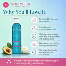 Load image into Gallery viewer, Ann Webb Cleansing Milk bottle on a light blue gradient background with text callouts and ingredient imagery including avocado and a white flower. The product is a translucent blue pump bottle with white text and a white pump, shown as part of a marketing graphic.
