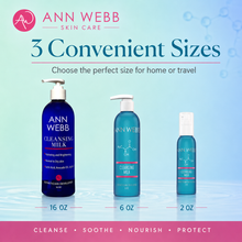 Load image into Gallery viewer, Three sizes of Ann Webb Cleansing Milk bottles displayed on a light blue gradient background with text reading '3 Convenient Sizes' and size labels 16 oz, 6 oz, and 2 oz.
