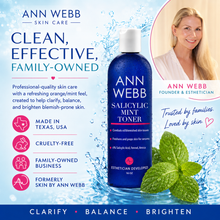 Load image into Gallery viewer, Ann Webb Salicylic Mint Toner bottle on a water-splash background with mint leaves, alongside a portrait of Ann Webb and marketing text about clean, effective, family-owned skin care.
