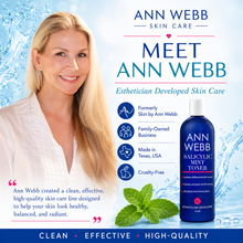 Load image into Gallery viewer, Promotional graphic for Ann Webb Skin Care featuring a smiling blonde woman on the left and a bottle of Ann Webb Salicylic Mint Toner on the right, with text highlighting family-owned status, Texas origin, and cruelty-free policy over a light blue water-themed background.
