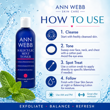 Load image into Gallery viewer, An informational beauty graphic for Ann Webb Salicylic Mint Toner showing a blue bottle on the left and step-by-step usage instructions on the right, with water splash graphics and mint leaves.
