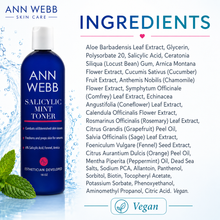 Load image into Gallery viewer, An advertisement for Ann Webb Salicylic Mint Toner, showing a blue bottle on the left and a list of ingredients on the right against a white background.
