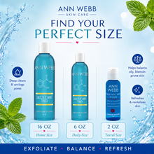 Load image into Gallery viewer, Ann Webb Skin Care advertisement showing three sizes of Salicylic Mint Toner bottles: 16 oz home size, 6 oz daily size, and 2 oz travel size. The bottles are blue with white caps, set against a light blue water splash background with mint leaves and text detailing product benefits.

