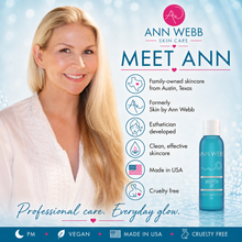 Load image into Gallery viewer, A promotional skincare ad featuring a smiling blonde woman on the left and a blue Ann Webb Skin Care Brighten UV serum bottle on the right, with text describing Ann Webb and product benefits against a light blue sparkling background.
