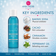 Load image into Gallery viewer, Ann Webb Skin Care Brighten Up facial toner bottle on a light blue water-textured background with ingredient callouts for baking soda, cacao, cinnamon, and peppermint oil.
