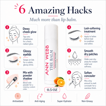 Load image into Gallery viewer, An infographic-style promotional graphic for Ann Webb The Balm lip balm. The center shows a white cylindrical tube of lip balm with red and black text, surrounded by six numbered callouts with illustrations and descriptions of beauty tips such as dewy cheek glow, glossy eyelids, powder shadow, lash-softening treatment, smooth water patches, and soften concealer.
