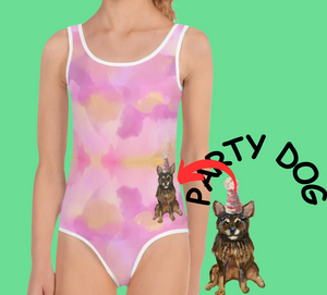 Girls Pink Swimsuit w/ Party Dog - Whimsy Fit Workout Wear