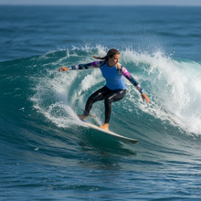 Load image into Gallery viewer, Women's Blue Rash Guard “Kris Kros” Arms Abstract Print Rash Guard Whimsy Fit - UPF 50+ Long Sleeve Swim Shirt Matching Mother Daughter Surfing action shot - blue Kris Kros rash guard
