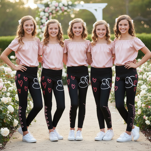 Black_Bridesmaid_Girls_Leggings Matching_Bridal_Party_Sizes_8-20 Junior-bridesmaids-in-black-bridesmaid-leggings Group of young bridesmaids