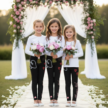 Load image into Gallery viewer, Black_Bridesmaid_Girls_Leggings Matching_Bridal_Party_Sizes_8-20 Junior-bridesmaids-in-black-bridesmaid-leggings Group of young bridesmaids black Flower Girl leggings

