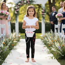 Load image into Gallery viewer, Black Flower Girl Toddler Leggings - Matching Bridal Party Sizes 2T-7 Little girl at wedding ceremony
