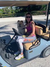Load image into Gallery viewer, Black Ladies Dog Walking Leggings Dexter the Dog Pretty girl in golf cart with dog 
