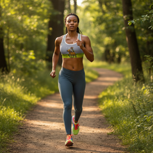 Load image into Gallery viewer, Blue Sports Bra Whimsy Fit &quot;Bubbles&quot; Padded Sports Bra with Staffordshire Bull Terriers - Whimsy Fit girl Running action shot
