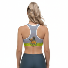 Load image into Gallery viewer, Blue Sports Bra Whimsy Fit &quot;Bubbles&quot; Padded Sports Bra with Staffordshire Bull Terriers - Whimsy Fit girls from back
