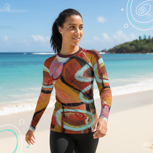 Load image into Gallery viewer, Women's Rash Guard “Circles in the Sand” Abstract Print Rash Guard Whimsy Fit - UPF 50+ Long Sleeve Swim Shirt Matching Mother Daughter
