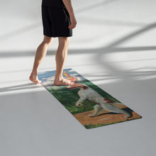 Load image into Gallery viewer, Dexter the Walking Dog Yoga mat - Whimsy Fit Workout Wear Painting of Dog Walking on YOga Mat Man Standing on Mat

