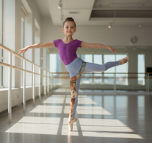 Load image into Gallery viewer, Girls  Leggings Blue Longhorn Leggings   Whimsy Fit Girl doing ballet pose in Longhorn leggings
