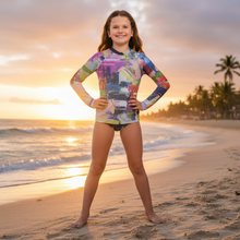 Load image into Gallery viewer, Kids Kris Kros Rash Guard Whimsy Fit - UPF 50+ Long Sleeve Swim Shirt - Beach Pose
