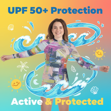 Load image into Gallery viewer, Kids Kris Kros Rash Guard Whimsy Fit - UPF 50+ Long Sleeve Swim Shirt  Marketing Photo
