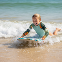 Load image into Gallery viewer, Kids BLue Green Abstract Print Rash Guards Whimsy FIt Mix and Match “Sink or Swim” Matching Mom Child Riding Boogie Board
