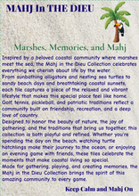 Load image into Gallery viewer, A square printed card or poster with a textured light background, featuring the title 'MAHJ In THE DIEU' in blue at the top and a small illustration of a toucan perched on a palm tree in the upper right. The main body has green text describing a coastal, mahj-inspired community with beach activities and traditions.
