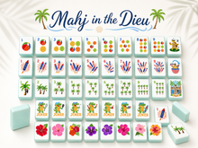 Load image into Gallery viewer, A set of colorful children's mahjong tiles arranged on a white fabric background, with the title 'Mahj in the Dieu' at the top and palm tree illustrations. The tiles feature tropical and beach-themed illustrations including palm trees, hibiscus flowers, beach balls, and cartoon characters.
