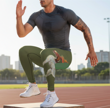 Load image into Gallery viewer, Men&#39;s Leggings Dexter The walking Dog Army Green Meggings Leggings for me Matching leggings Man Jumping onto box
