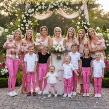 Load image into Gallery viewer, Pink Flower Girl Toddler Leggings - Matching Bridal Party Sizes 2T-7 Bride Party Leggings Whimsy Fit  Complete size range bridal party
