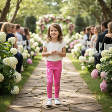 Load image into Gallery viewer, Pink Flower Girl Toddler Leggings - Matching Bridal Party Sizes 2T-7 Flower girl at outdoor wedding
