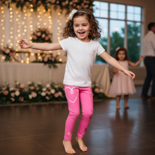 Load image into Gallery viewer, Pink Flower Girl Toddler Leggings - Matching Bridal Party Sizes 2T-7 Little girl dancing at reception 
