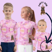 Load image into Gallery viewer, Girls Pink Rash Guard Swim Shirt Dog Print Whimsy Fit “Party Dog”
