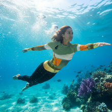 Load image into Gallery viewer,  Blue Green Abstract Print Rash Guard Swim Shirt Whimsy Fit Matching Mom “Sink or Swim”
