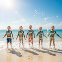 Load image into Gallery viewer, Kids Blue Green Abstract Print Rash Guard Swim Shirt Whimsy Fit Matching Mom “Sink or Swim” Children splashing in waves
