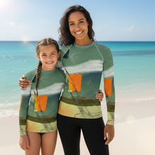 Load image into Gallery viewer, Kids Blue Green Abstract Print Rash Guard Swim Shirt Whimsy Fit Matching Mom “Sink or Swim” Mother Daughter Matching Sink or Swim Rash Guards
