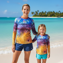 Load image into Gallery viewer, Women's Rash Guard Splash Whimsy Fit UPF 50+ Abstract Print Long Sleeve Swim Shirt Mother daughter matching Splash rash guards
