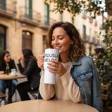 Load image into Gallery viewer, Person drinking from Tequila Helps travel mug
