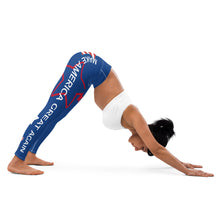Load image into Gallery viewer, Woman in MAGA leggings downward dog pose - patriotic yoga activewear
